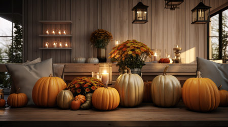a minimalist house adorned with cozy pumpkins in various shapes and sizes. The image should evoke a warm and inviting atmosphere, embodying both Thanksgiving and Halloween spiritの素材