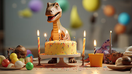 a stunning dinosaur-themed birthday cake adorned with toys, set in a light-colored, minimalist interior, epitomizing the joy of a prehistoric-themed celebrationの素材