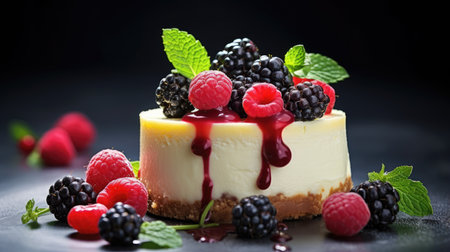a cheesecake, capturing the rich textures of the cream cheese and the colorful assortment of berries on top. The mint leaves should add a touch of freshness to the dessert, making it an inviting summer treat.の素材