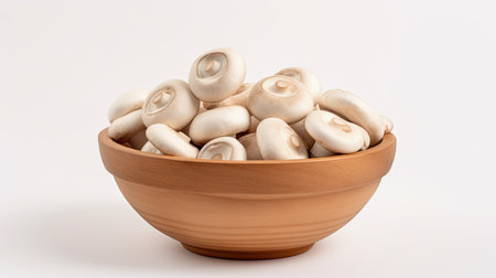 Close-up of fresh white champignon mushrooms in a rustic brown bowl on a clean white background. Perfect for your culinary creationsの素材