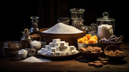 A captivating still life of various sugars elegantly arranged on a dark wooden table, with crystals glistening under soft lightingの素材