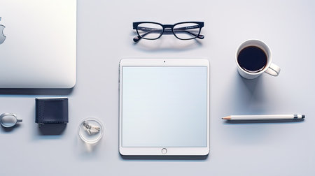 A minimalist workspace captured in close-up, featuring sleek glasses, neatly arranged documents, and a modern smartphone and tablet on a pristine white deskの素材