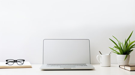 A minimalist workspace captured in close-up, featuring sleek glasses, neatly arranged documents, and a modern smartphone and tablet on a pristine white deskの素材
