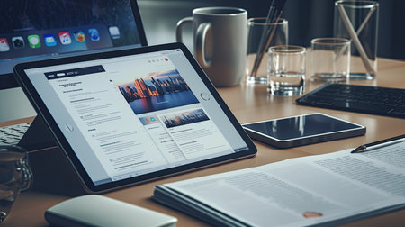 A minimalist workspace captured in close-up, featuring sleek glasses, neatly arranged documents, and a modern smartphone and tablet on a pristine white deskの素材