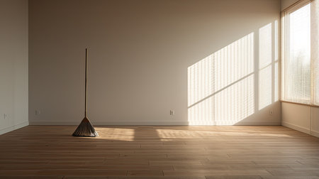 A mop stands ready beside a wooden bedroom floor covered in a light layer of dust, waiting to restore the pristine beauty of the minimalist interiorの素材