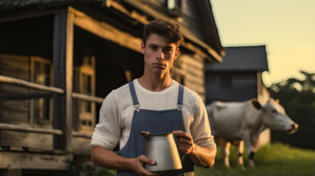 young farmer with a beaming smile, cradling a jug filled with freshly harvested cow's milk against the backdrop of a serene, minimalist cowshed interiorの素材