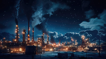 the towering structures and intricate network of pipes and machinery at an oil refinery, highlighting the scale and complexity of the petrochemical industryの素材