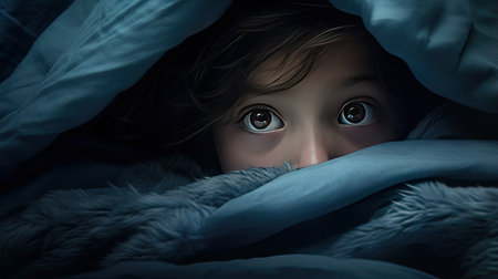 a child in pajamas lies in bed with a frightened expression on his face, the emotions of a child's nightmaresの素材