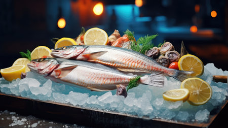 A colorful arrangement of whole sea fish on a bed of ice, highlighting their freshness, and featuring space for text on the rightの素材