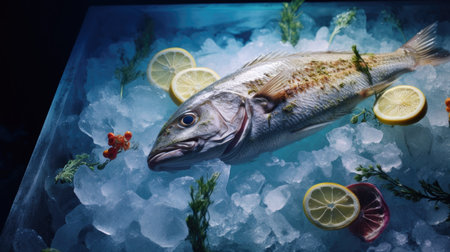 A colorful arrangement of whole sea fish on a bed of ice, highlighting their freshness, and featuring space for text on the rightの素材