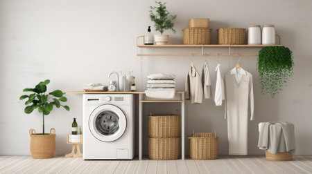 A washing machine stands against a pristine white wall. Beside it, there's a basket filled with laundry, detergents neatly arranged, a healthy ficus plant, and a stack of fresh towels, creating a harmonious housework scene. Modern style in light colors with ample copy space.の素材