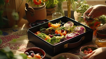 A woman's hand delicately holds a lunch box filled with a healthy and colorful assortment of food. The table is set with care, creating a pleasing scene of balanced nutritionの素材
