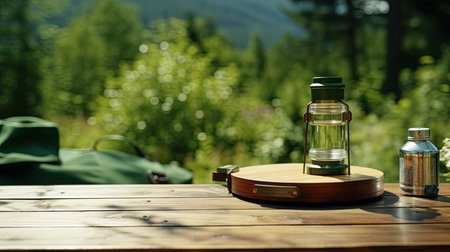 a wooden brown table outdoors in a scenic summer landscape. On the table, there are green binoculars, a cap, and plenty of free space for your customized text or messageの素材
