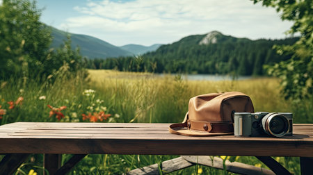 a wooden brown table outdoors in a scenic summer landscape. On the table, there are green binoculars, a cap, and plenty of free space for your customized text or messageの素材