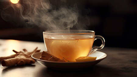 a cup filled with ginger tea, placed on a sleek table alongside fresh ginger root, a teapot, and scattered ginger leaves. The foreground perspective adds depth to the compositionの素材