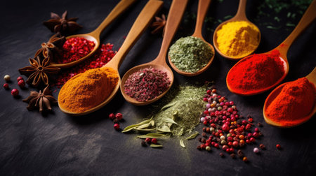 a variety of colorful spices, each held in a different wooden spoon, arranged on a sleek black stone background. The composition leaves ample space for text or additional elementsの素材