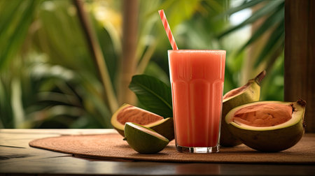 A refreshing guava smoothie in a clear glass, adorned with a bamboo drinking straw, sitting on a rustic tray outdoors. The vibrant green guava next to it adds a pop of color to this tropical sceneの素材