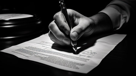 a person's hand as they confidently stamp an Approved seal onto an official certificate document. The focus is on the hand and the stamp, emphasizing the moment of validationの素材