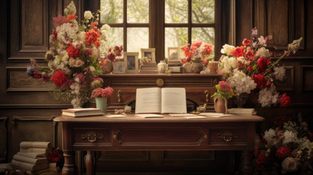 vintage, yellowed sheets of paper adorned with a beautiful bouquet of flowers. The perfect setup for a heartfelt love letter or a sentimental greeting cardの素材