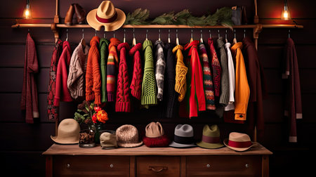 a woman's winter wardrobe choices. Neatly arranged on a hanger are various scarves, gloves, and hats in different styles and colors, perfect for mixing and matching during the winter monthsの素材