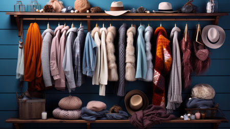 a woman's winter wardrobe choices. Neatly arranged on a hanger are various scarves, gloves, and hats in different styles and colors, perfect for mixing and matching during the winter monthsの素材
