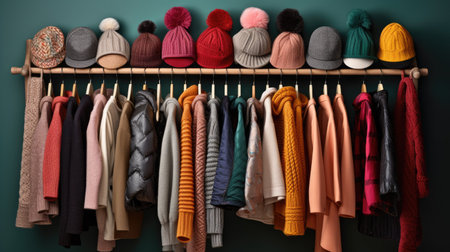 a woman's winter wardrobe choices. Neatly arranged on a hanger are various scarves, gloves, and hats in different styles and colors, perfect for mixing and matching during the winter monthsの素材