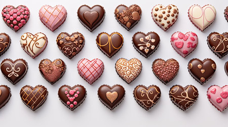 a delectable assortment of heart-shaped chocolate candies elegantly arranged on a pristine white background. The glossy sheen and intricate details of these sweets make them irresistibly temptingの素材