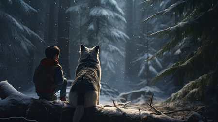 the boy and his dog as they explore the snowy outdoors together, while his furry friend playfully runs beside himの素材