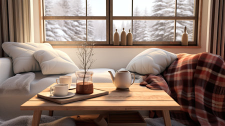 Two mugs, filled with steaming beverages, sit on a wooden table beside a fireplace in a country house. A soft woolen blanket drapes over a comfortable armchair, inviting relaxation and comfortの素材