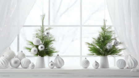 a single fir branch adorned with a few carefully selected balls, positioned against a clean white background to emphasize the minimalist aestheticの素材