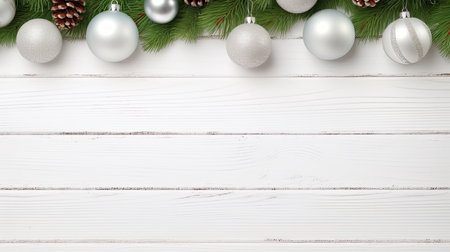 white Christmas ornaments hanging from green fir branches against a clean white wooden backdrop. space on the right for adding text or design elementsの素材