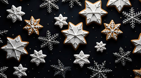 a set of gingerbread cookies in patterns on a plain white background. the details of the icing decorations and the uniformity of the layoutの素材