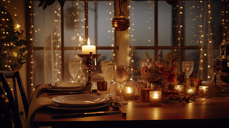 a warmly lit living room with Christmas lights draped around a fireplace or a cozy reading nook. the inviting and comfortable atmosphereの素材