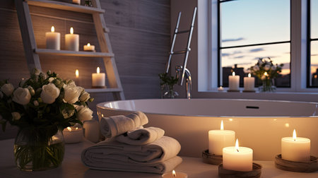 a minimalist spa or bathroom setting with candles placed strategically for relaxation. a clean, uncluttered space with candles adding a serene and calming touchの素材