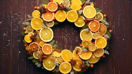 a beautifully crafted Christmas wreath made entirely from dried citrus slices, such as oranges and lemons. Highlight the vibrant colors and natural textures of the fruitsの素材