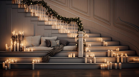 a staircase wrapped in delicate string lights that cast a warm and inviting glow. subtle and minimalist decor elements, such as a few well-placed bows or ribbonsの素材