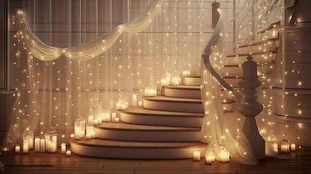 a staircase wrapped in delicate string lights that cast a warm and inviting glow. subtle and minimalist decor elements, such as a few well-placed bows or ribbonsの素材