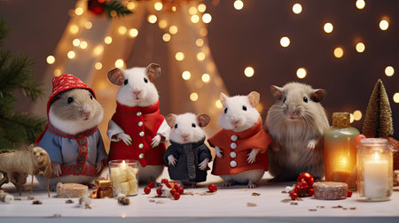 a guinea pig dressed as Santa Claus with a miniature sleigh and presents in a cozy living room. the pet's adorable holiday outfit and cheerful expressionsの素材