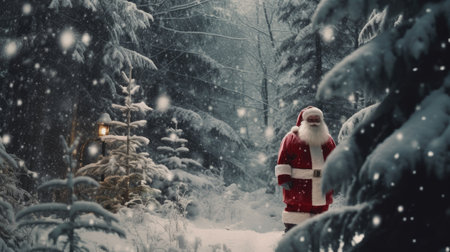 Santa Claus in a magical, snow-covered forest setting, surrounded by towering evergreen trees and softly falling snowflakes. Santa's red suit contrasts beautifully with the serene white landscapeの素材