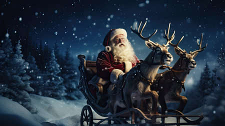 Santa Claus in his sleigh, ready to take flight on Christmas Eve. a dynamic the sleigh, reindeer, and Santa in his traditional outfit against a starry, moonlit night skyの素材