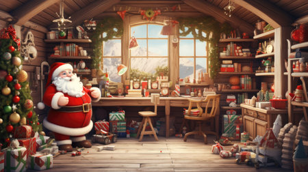 Santa Claus in his whimsical workshop, crafting toys and checking his list. the cozy, clutter-free environment where the magic happens, with a minimalist, modern twistの素材