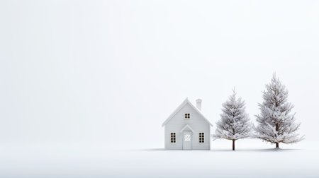 a serene scene with a Christmas decorative house placed next to a delicate fir branch on a clean white wooden background. The spacious left side is perfect for adding your personalized holiday message.の素材