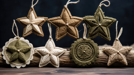 small burlap Christmas ornaments with lace and ribbon, in the style of symmetrical asymmetry, aykut aydogdu, eye-catching, combining natural and man-made elements, festive atmosphere, use of earth tonesの素材