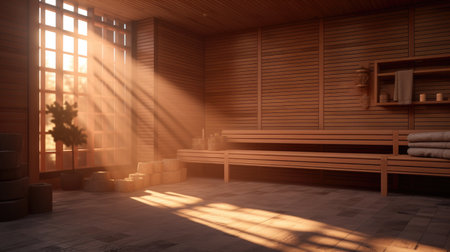an all wood steam room, in the style of sparse backgrounds, multilayered, smokey background, naturalistic light and shadow, pretty, high quality, vibrantの素材