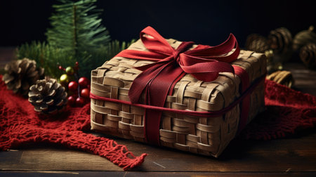 the art of gift wrapping using vintage woven fabric as wrapping paper. a beautifully wrapped Christmas gift with a hand-knitted ribbon or bow. the rustic and charming aspects of this homemade approach to gift presentationの素材