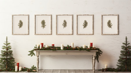 a gallery wall with empty frames against a white wall. the frames with Christmas and New Year-themed artwork or photographs.a vase of fresh fir branches on a table below to tie in the holiday spiritの素材
