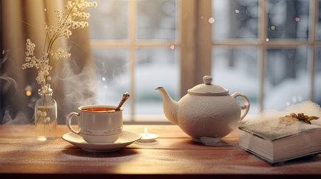 the rich colors of mulled wine in a clear glass mug placed near a frost-covered window. the windowsill with pine branches and red ribbons to enhance the holiday atmosphereの素材