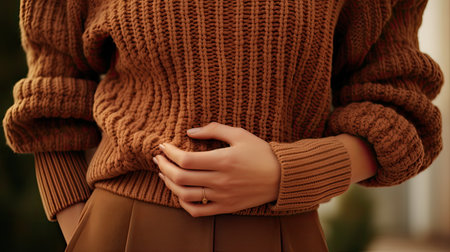 specific details of the brown knitted wool sweater, such as the cuffs or neckline, to highlight the craftsmanship and texture. This can serve as an inspiration for fashion enthusiasts looking for fall styling ideas.の素材