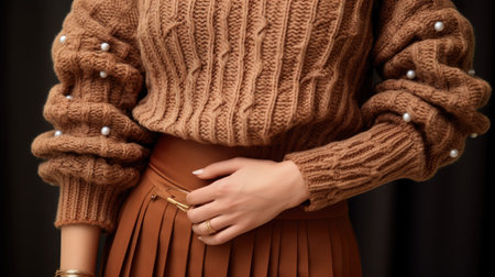 specific details of the brown knitted wool sweater, such as the cuffs or neckline, to highlight the craftsmanship and texture. This can serve as an inspiration for fashion enthusiasts looking for fall styling ideas.の素材
