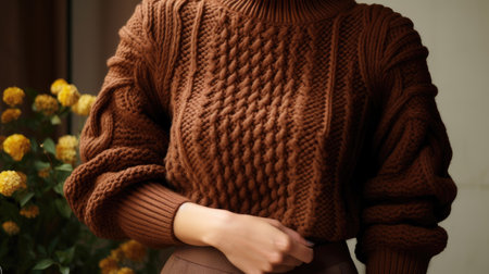 specific details of the brown knitted wool sweater, such as the cuffs or neckline, to highlight the craftsmanship and texture. This can serve as an inspiration for fashion enthusiasts looking for fall styling ideas.の素材